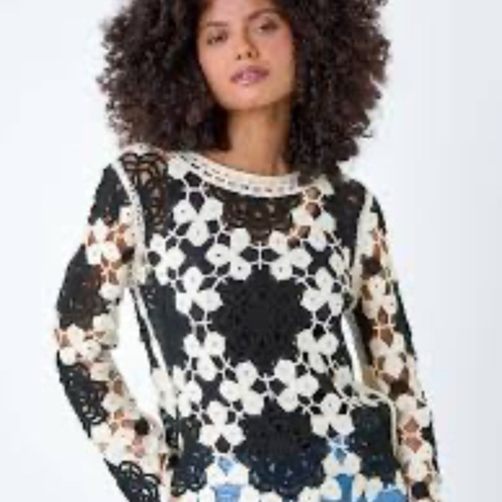 Black and White Floral Crochet Sweater